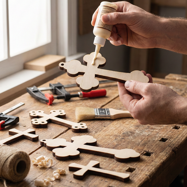 Person applying glue to wooden laser cut crosses on a wooden table with tools in the background.