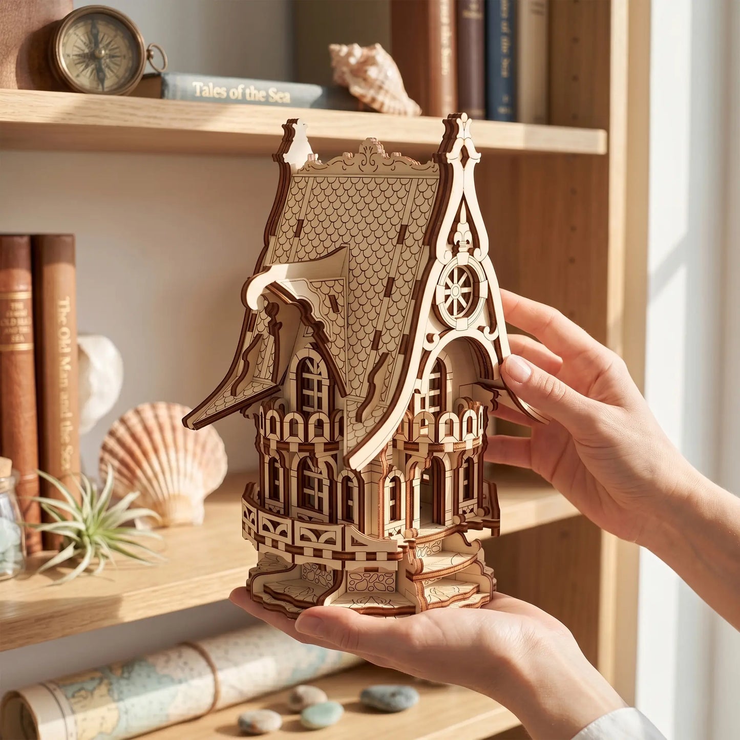 A person's hands holding a small wooden house model with intricate architectural details, set against a warm, sunlit background of wooden shelves filled with books and seashells.