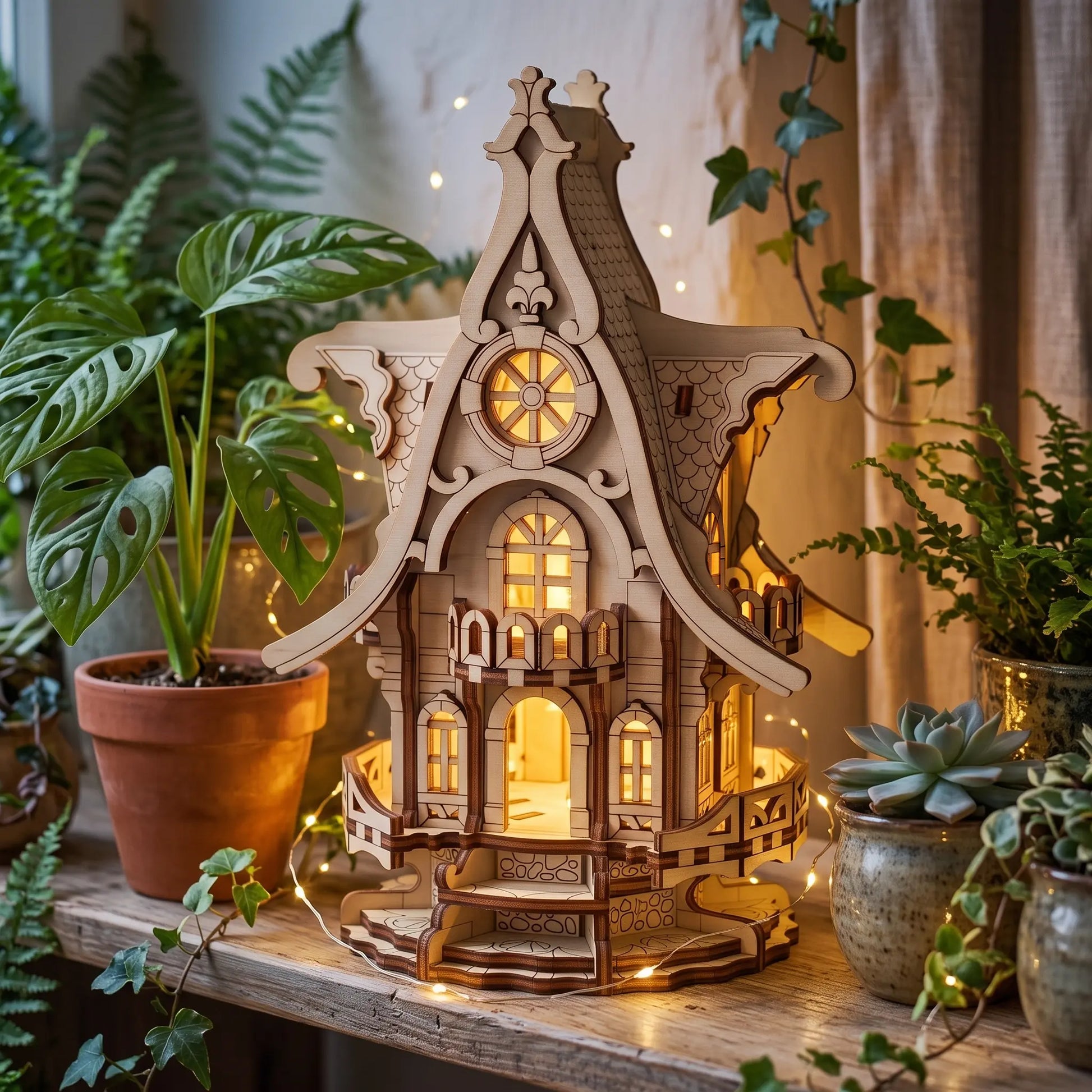 A decorative wooden laser cut fairy house figurine with warm glowing lights inside, displayed on a shelf surrounded by potted plants and string lights.