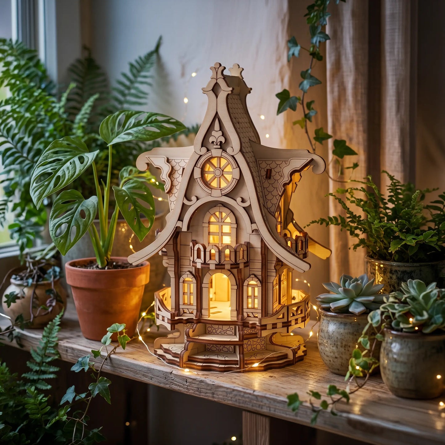 A decorative laser cut house model with warm glowing lights inside, displayed on a windowsill surrounded by potted plants and fairy lights