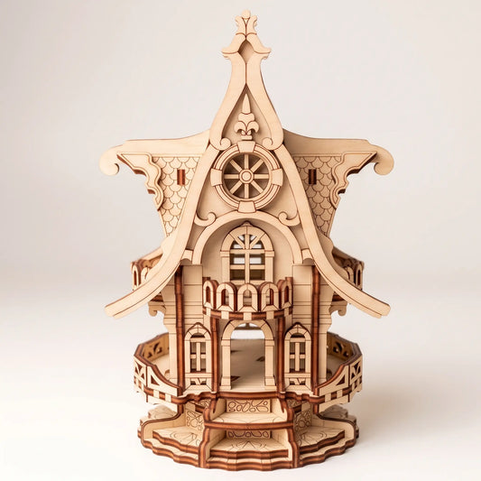 A 3D wooden model of an ornate house, constructed from laser-cut light brown wood pieces, shown on a neutral light gray background.