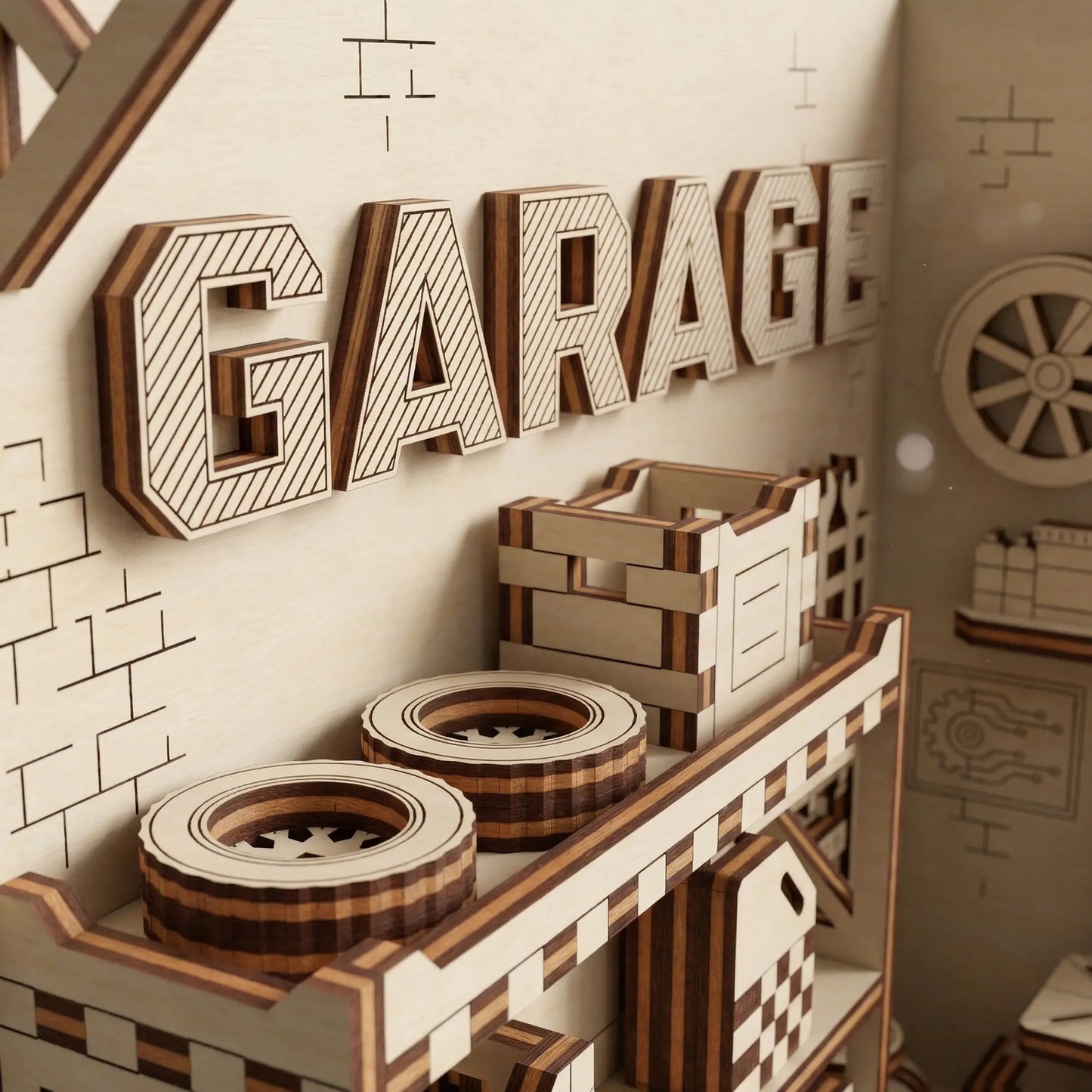 Wooden laser cut book nook model of a garage with 'GARAGE' sign and wheels.
