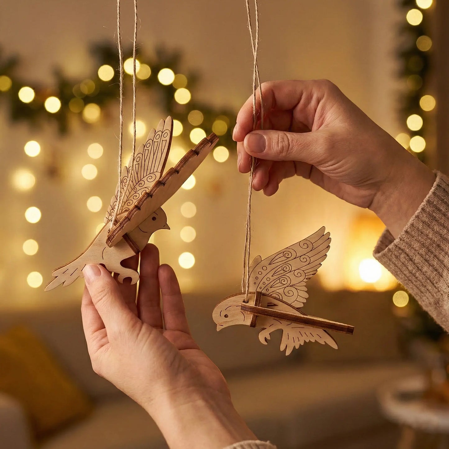 Wooden laser cut bird ornaments being held against a warm, blurred indoor background with lights.