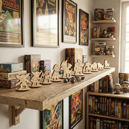 Wooden shelf with plywood laser cut figurines, board games boxes, and posters on a wall.