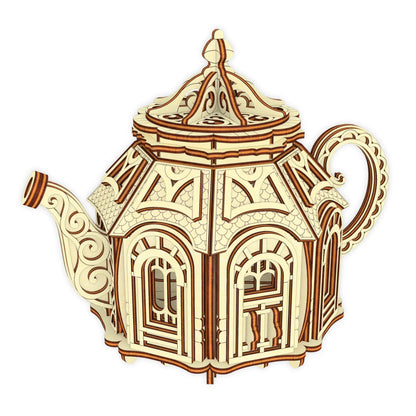 Digital 3D rendering of an ornate miniature teapot fairy house model designed for assembly using laser cut plywood.