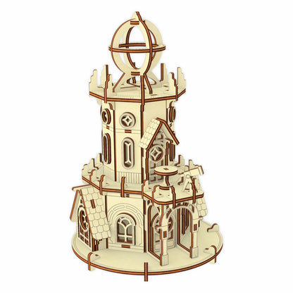 Isolated vector model of the 3D astronomical observatory project, crafted from natural laser cut plywood sheets.