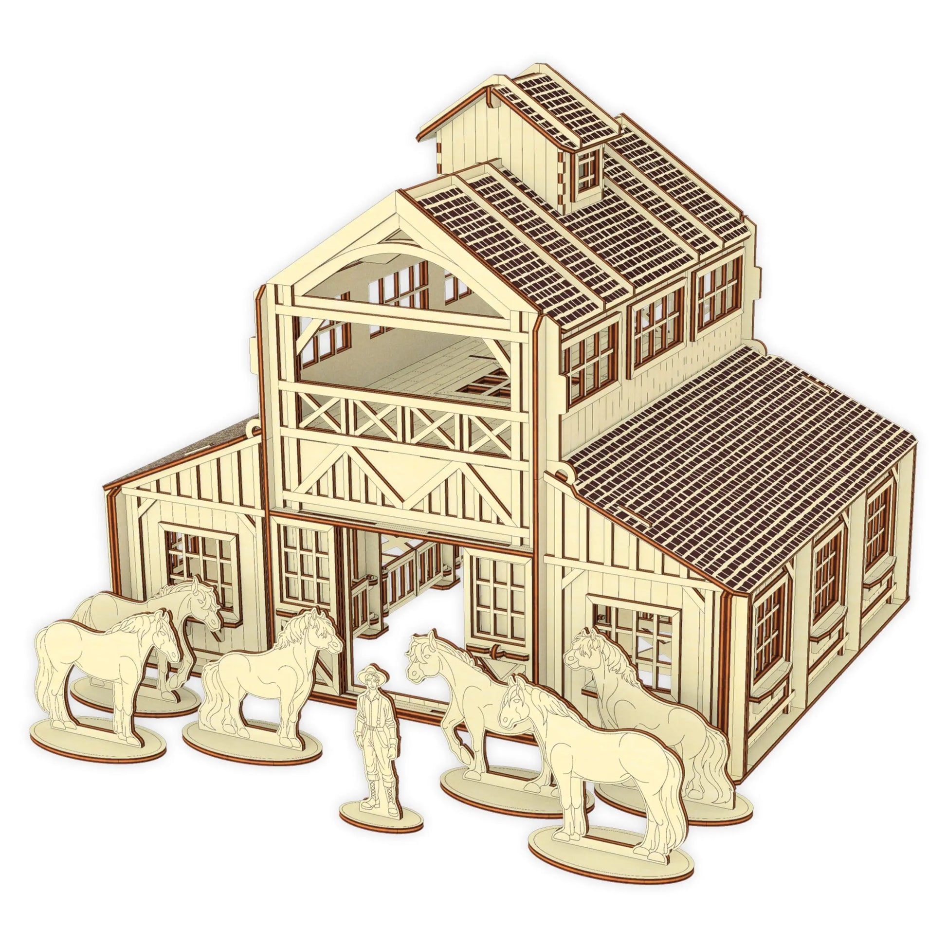 Clean 3D model of a laser cut plywood toy horse stable with cutout horse figures standing on a crisp white background.