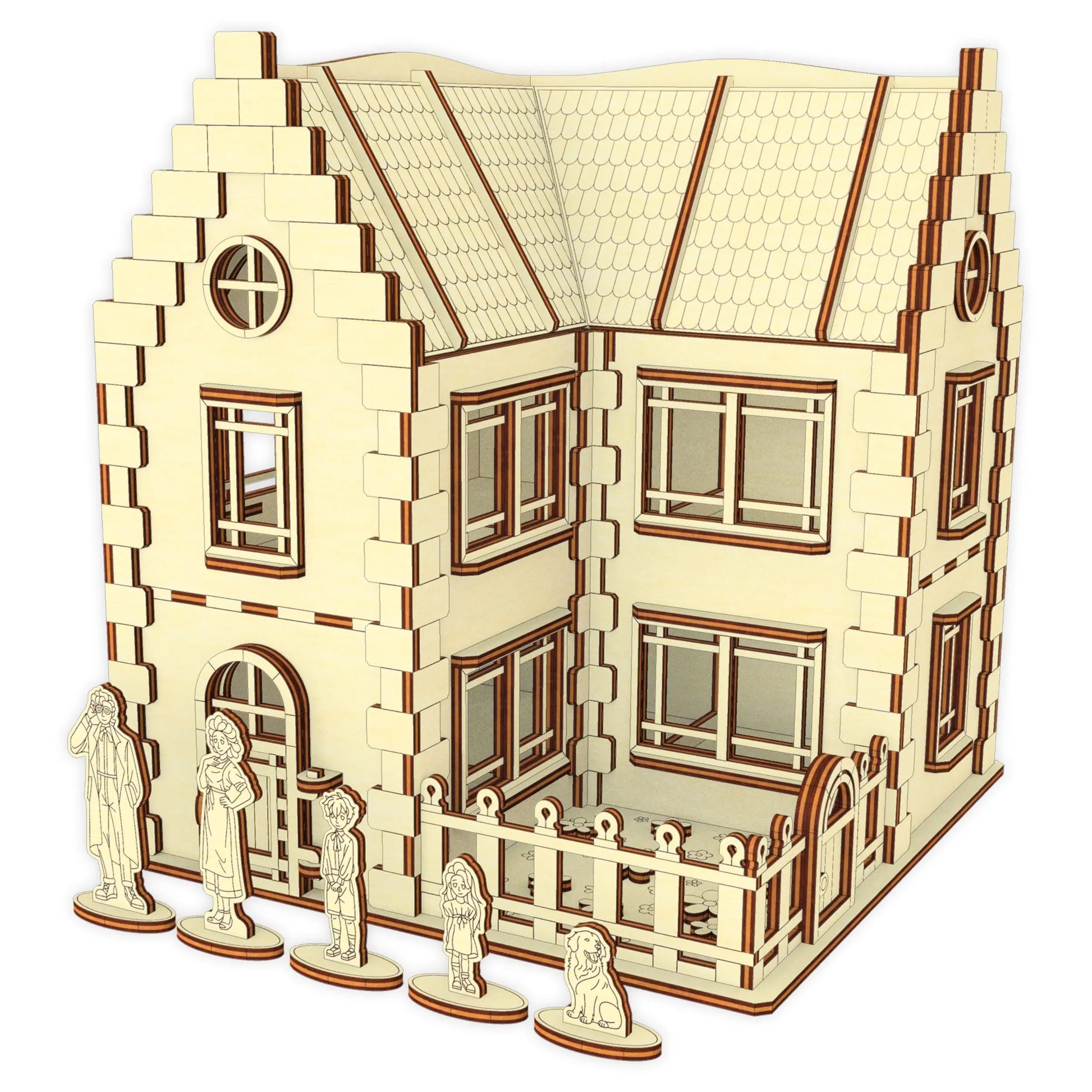 Laser cut plywood dollhouse with stepped gables, a fenced yard, and a wooden family with a dog standing on a white background.