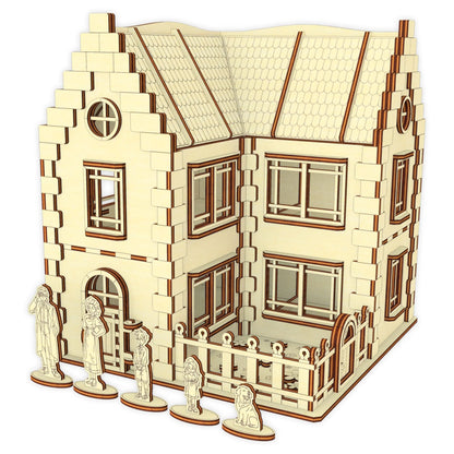 Laser cut plywood dollhouse with stepped gables, a fenced yard, and a wooden family with a dog standing on a white background.