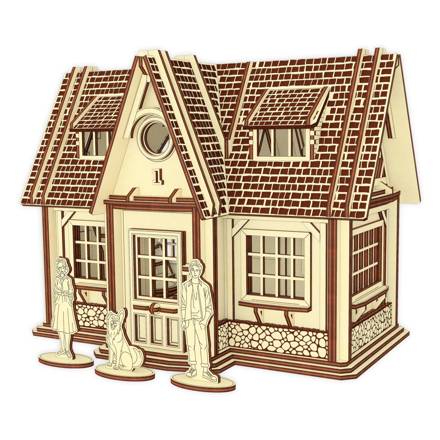Isolated front angle 3D rendering of a laser cut plywood country house model next to three small character figurines.