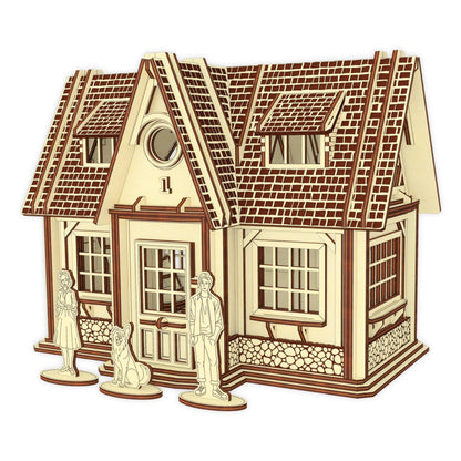 Isolated front angle 3D rendering of a laser cut plywood country house model next to three small character figurines.