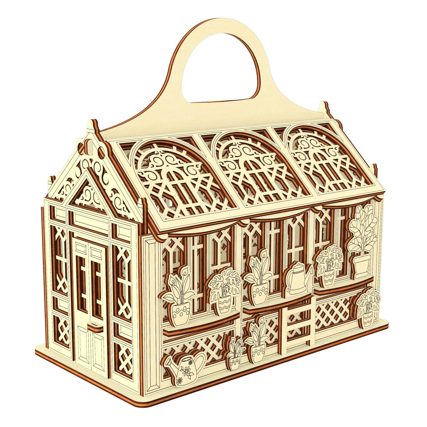 Three-quarter view 3D render of a vintage style laser cut plywood greenhouse carrier box with an ornate entrance.