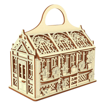 Three-quarter view 3D render of a vintage style laser cut plywood greenhouse carrier box with an ornate entrance.