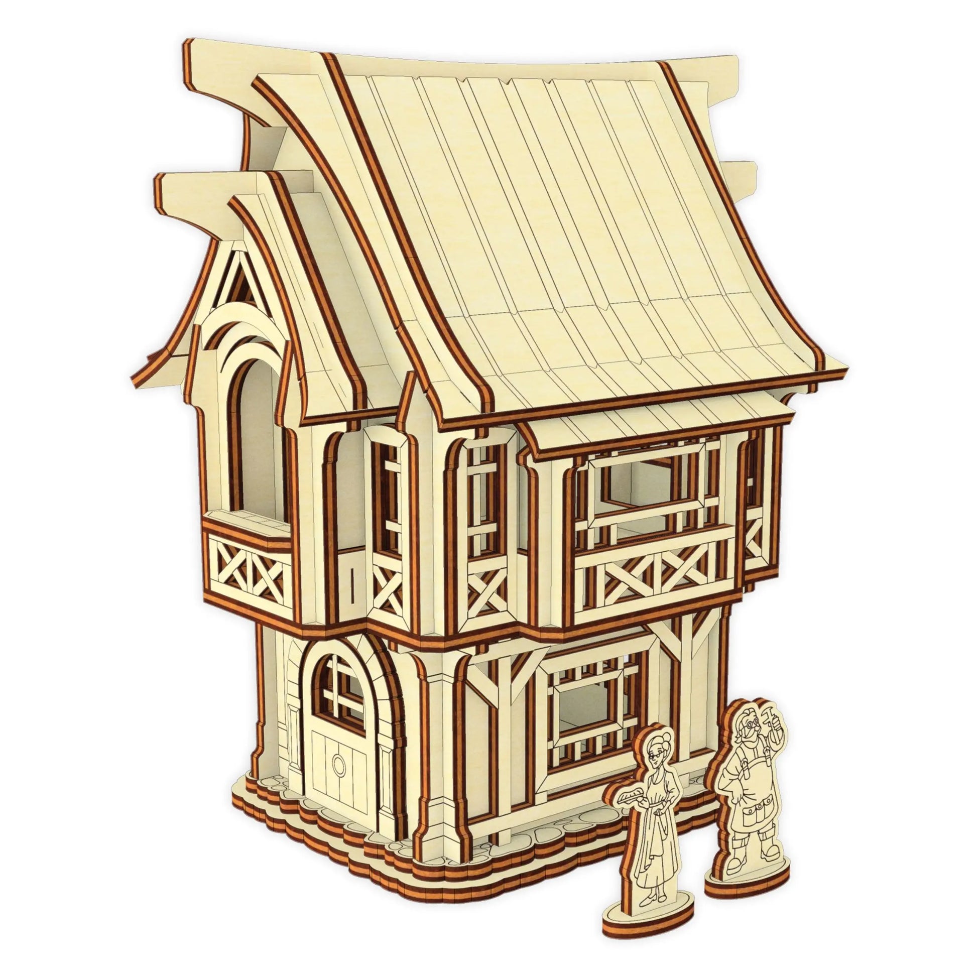 A clean 3D render isolation view of a rustic old village house with engraved stone textures, made from laser cut plywood.