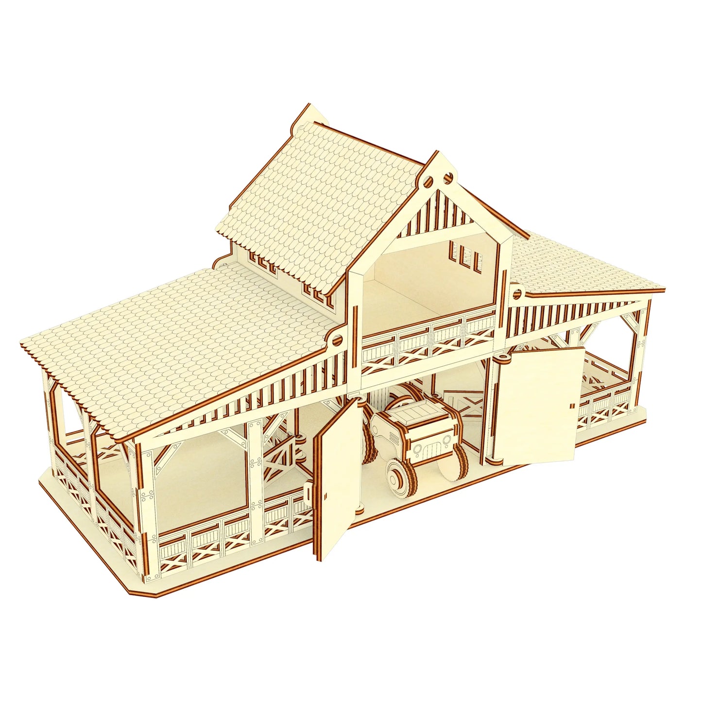 High angle render of a two-story miniature wooden stable barn with open gates, made from smooth laser cut plywood.