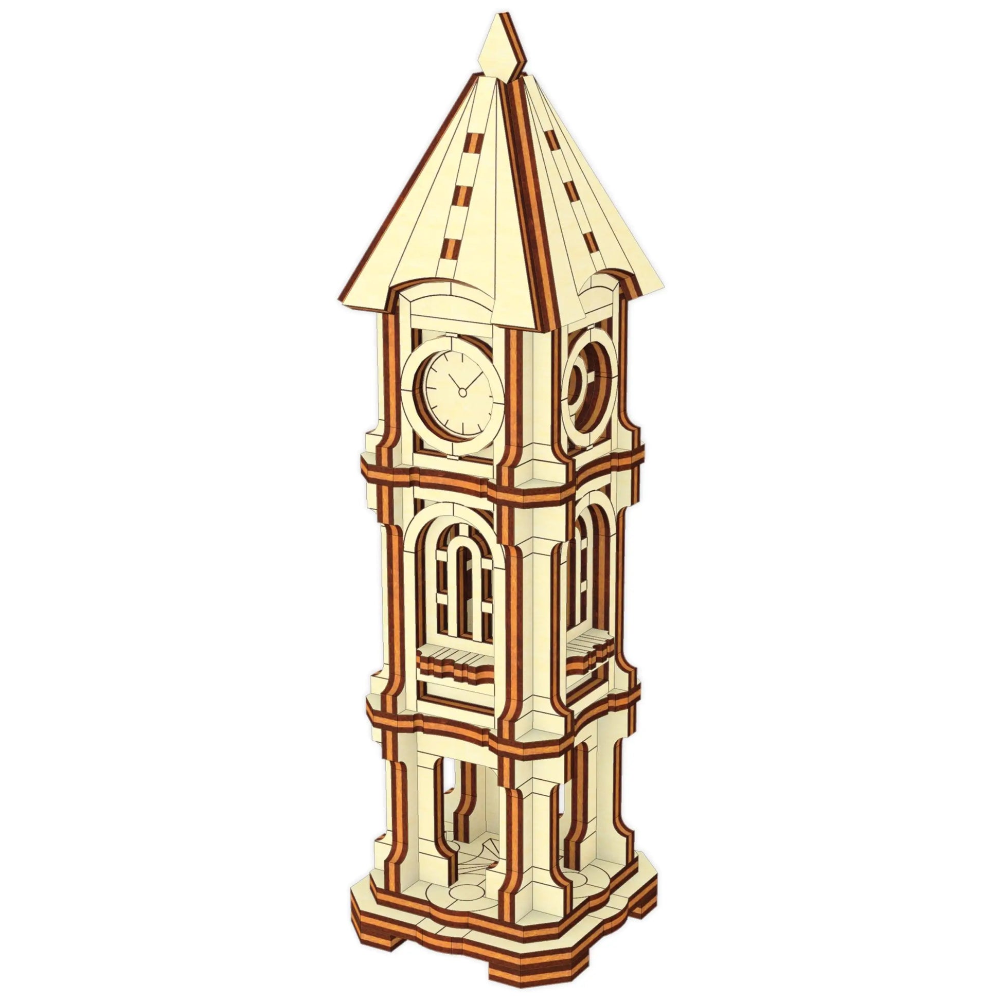 A detailed 3D render of a classical miniature architectural clock tower model on a white background, in laser cut plywood