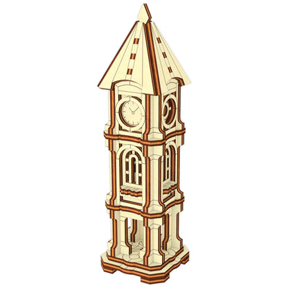 A detailed 3D render of a classical miniature architectural clock tower model on a white background, in laser cut plywood
