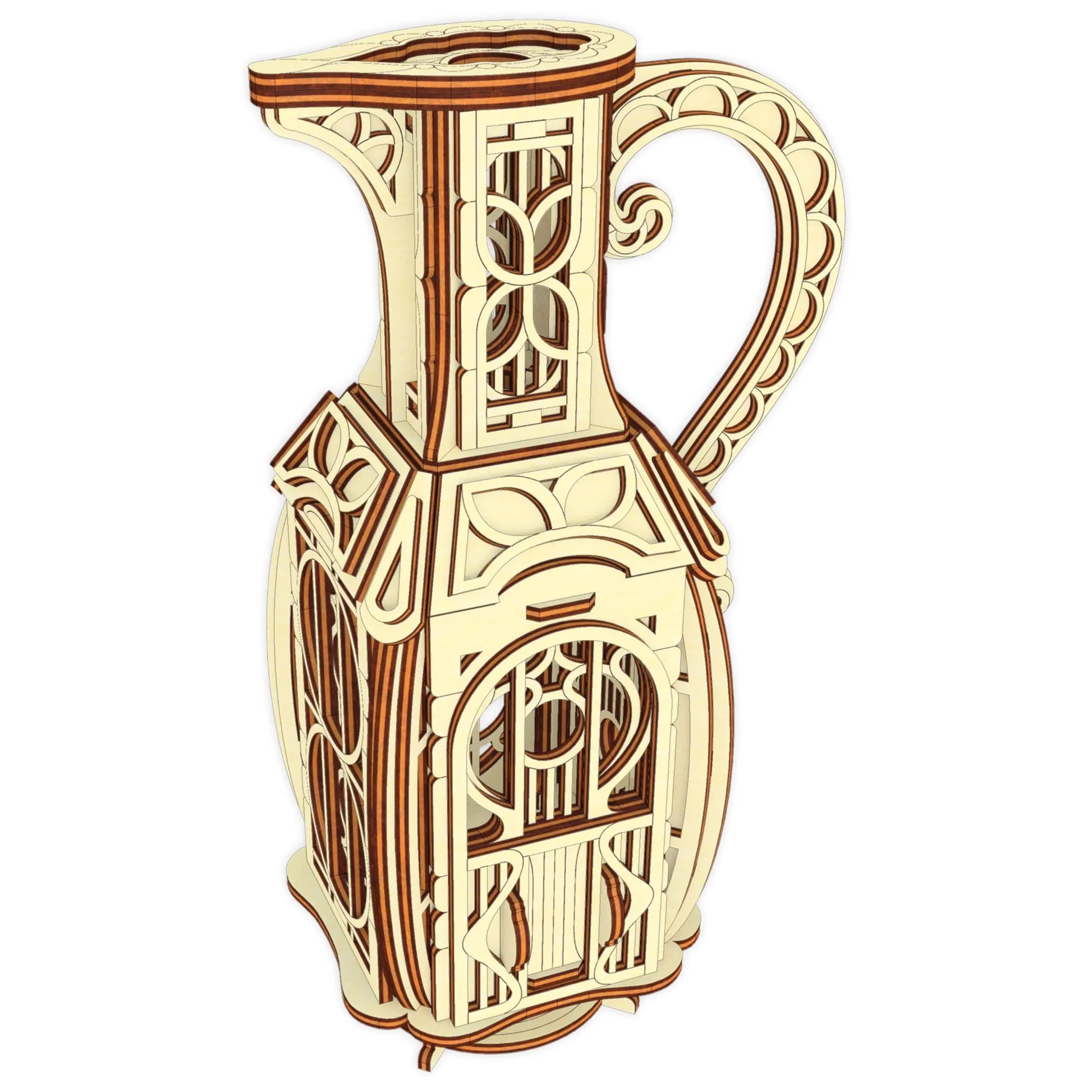 Clean 3D render of a laser cut plywood jug fairy house with an ornamental handle, isolated on a solid white background.