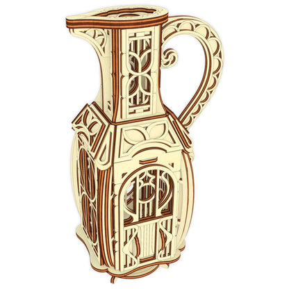 Clean 3D render of a laser cut plywood jug fairy house with an ornamental handle, isolated on a solid white background.