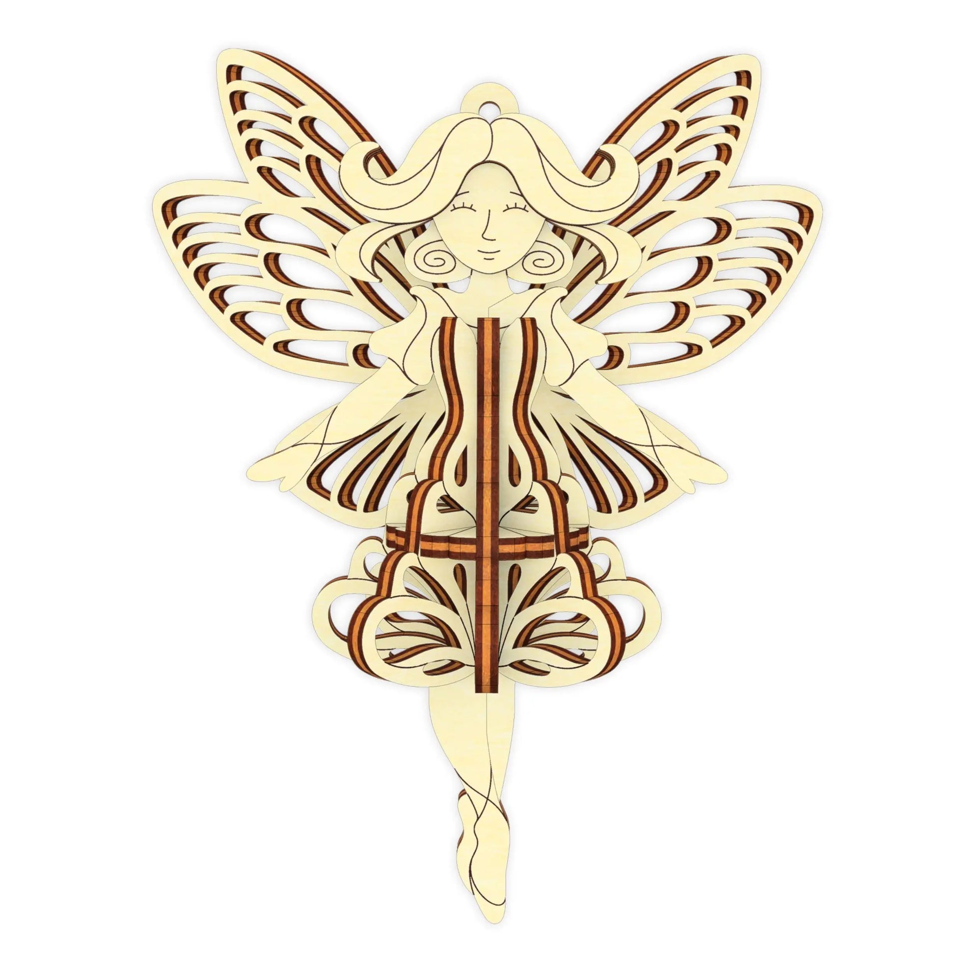 Detailed 3D model of a laser cut plywood fairy ornament with ornate butterfly wings standing in a graceful pose isolated.