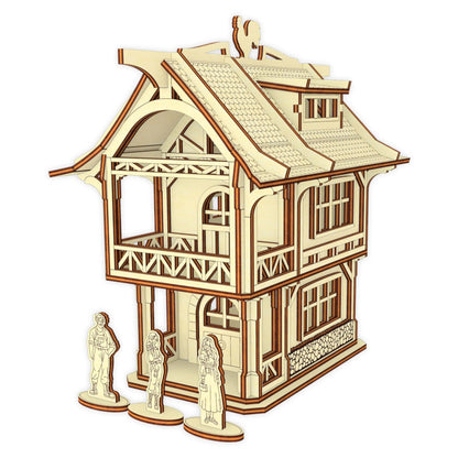 Clean 3D render of a medieval townhouse with open balconies and three character figures, made from laser cut plywood.