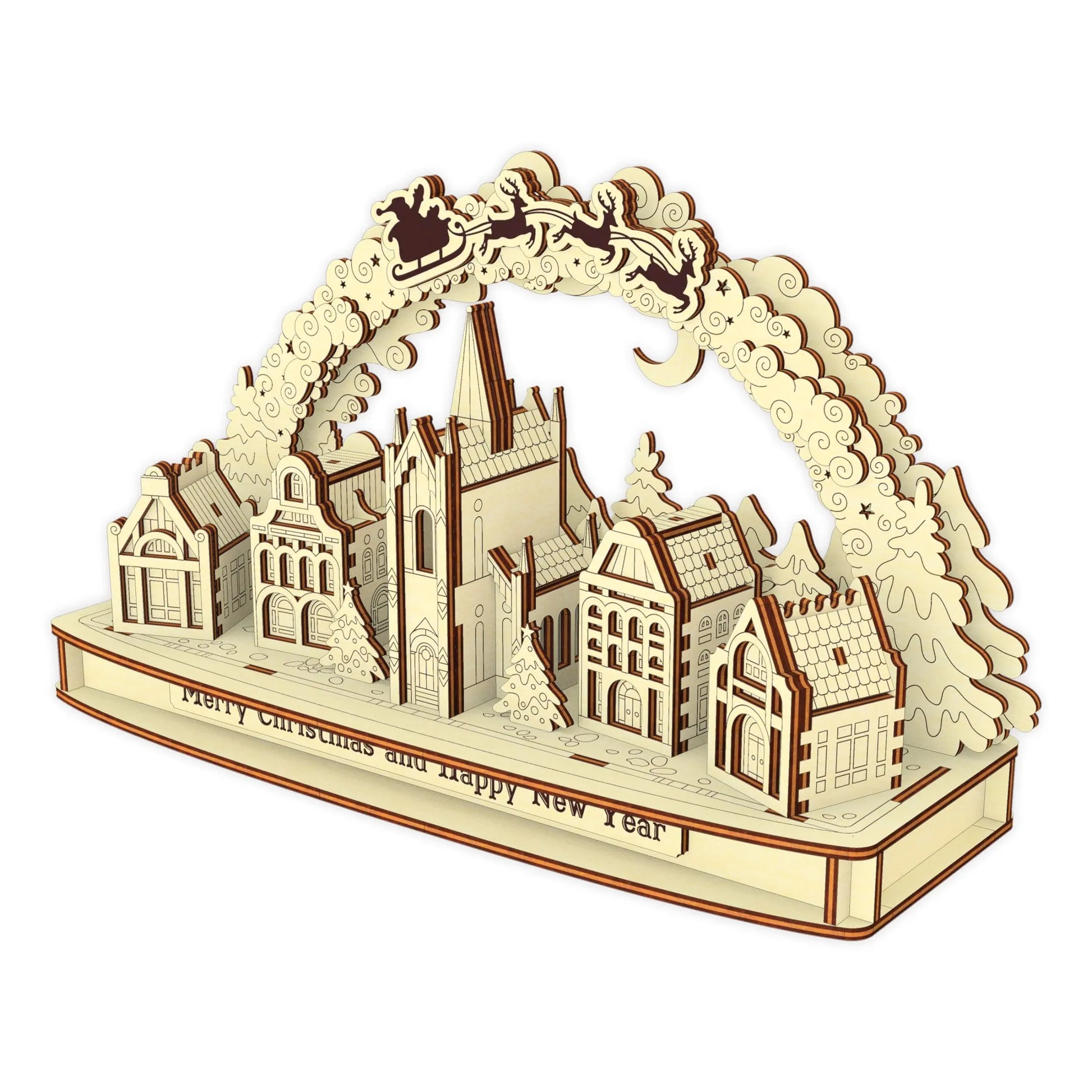 Detailed 3D Christmas town arch with Santa sleigh, houses, and trees made from laser cut plywood on a clear white background.