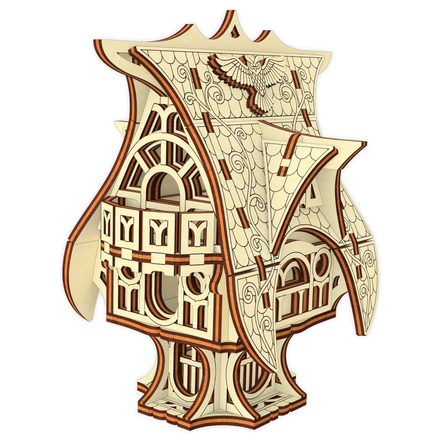A crisp clean 3D render illustration of an intricate miniature fairytale owl cottage model crafted from laser cut plywood.