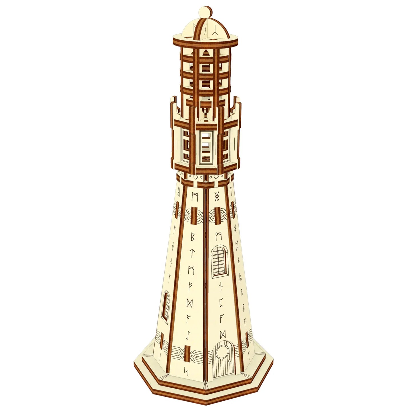 High angle render of a miniature wooden lighthouse with engraved Norse runes made of premium laser cut plywood.