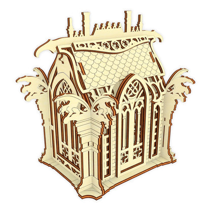 A beautiful isolated 3D product render mockup of a gothic crypt box with detailed gargoyles made from laser cut plywood.