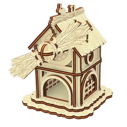 3D product render mockup of a miniature forest windmill puzzle with sails made from laser cut plywood.