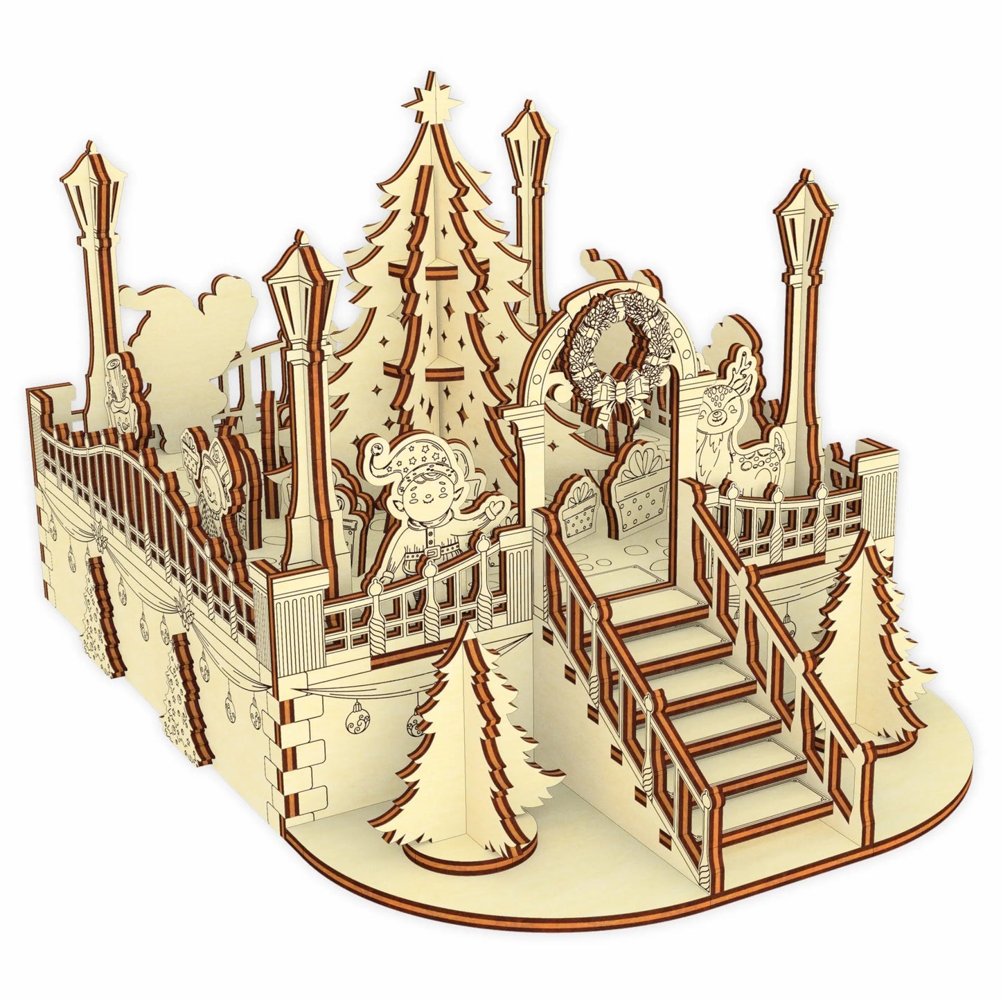Isolated 3D digital rendering of the winter wonderland centerpiece template, designed for laser cut plywood art.