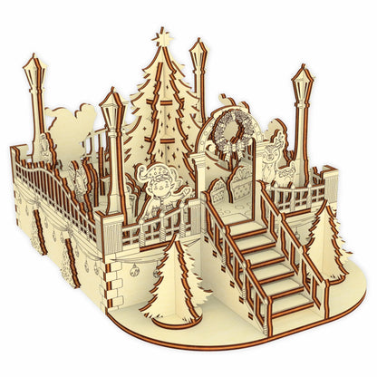 Isolated 3D digital rendering of the winter wonderland centerpiece template, designed for laser cut plywood art.