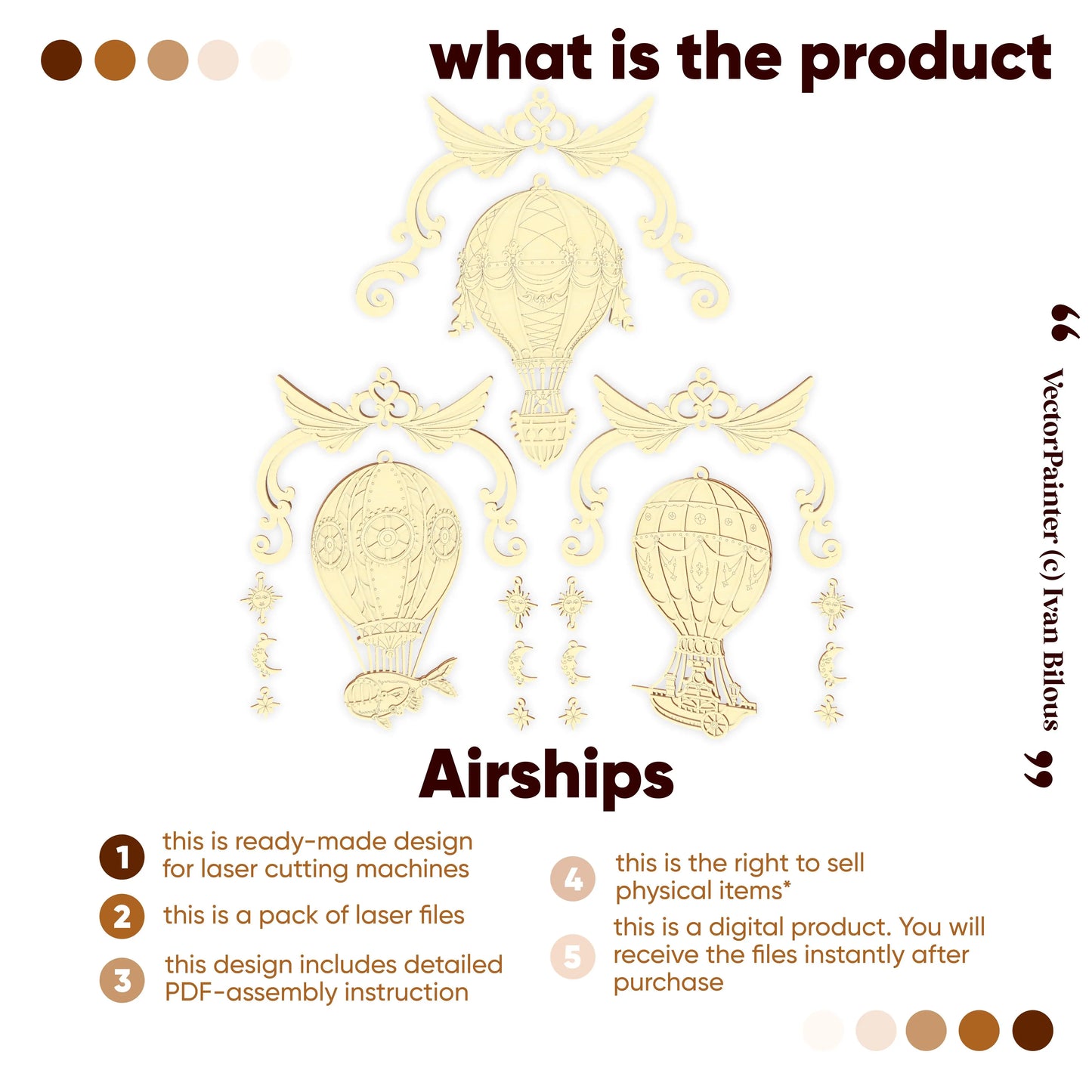 Decorative airship designs with text about laser cutting machine use and product details.