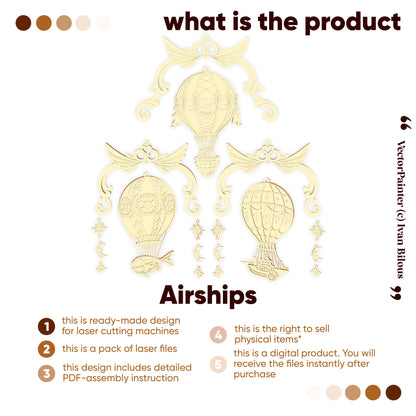 Decorative airship designs with text about laser cutting machine use and product details.