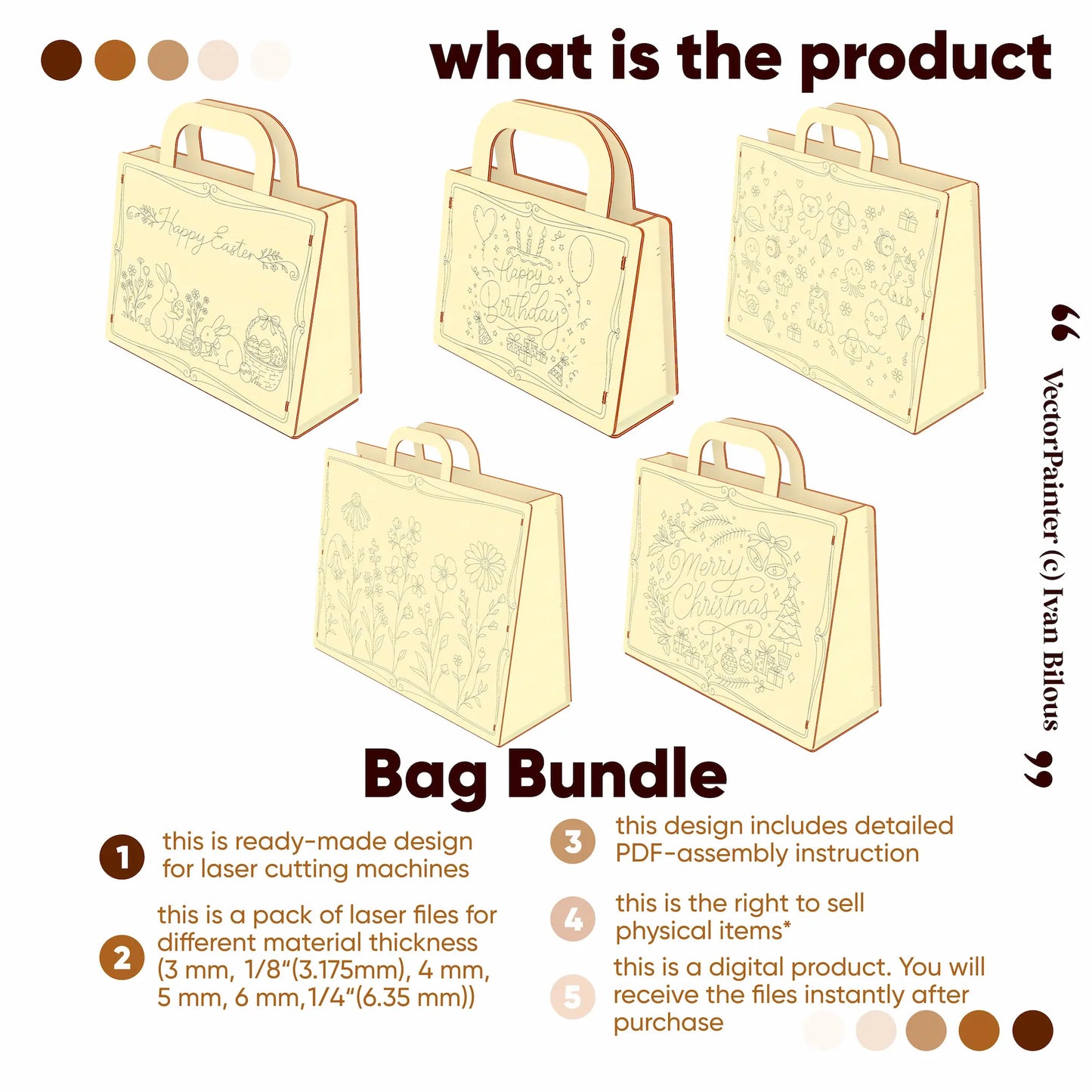 Bag bundle design with laser cutting files for different material thicknesses on a white background.