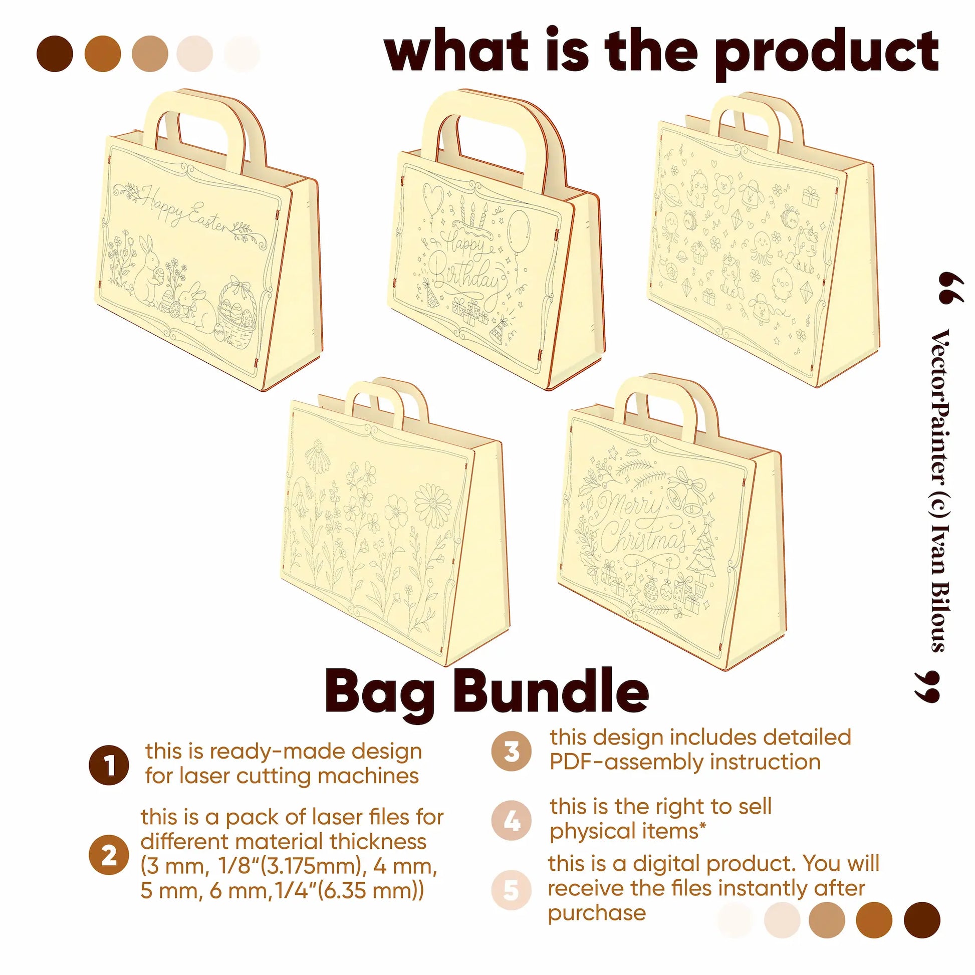 Bag bundle design with laser cutting files for different material thicknesses on a white background.