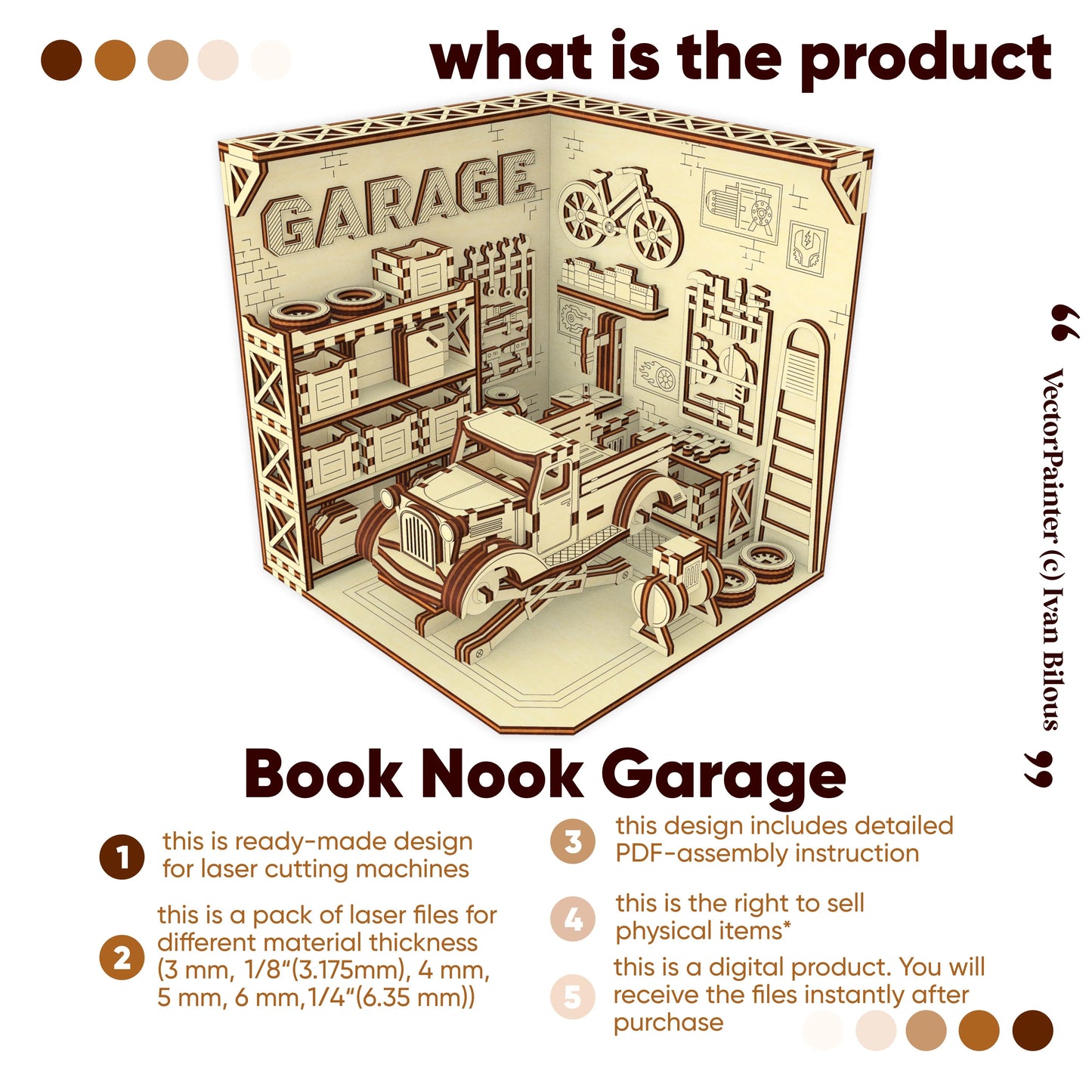 Wooden model of a garage with text about laser cutting files and assembly instructions.