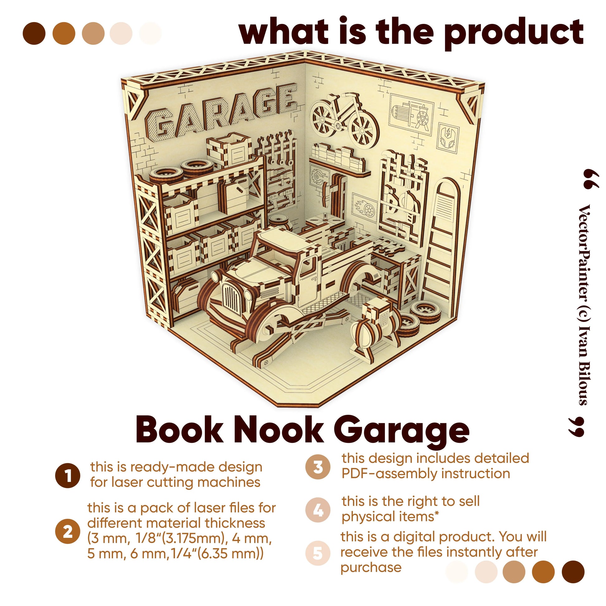 Wooden model of a garage with text about laser cutting files and assembly instructions.