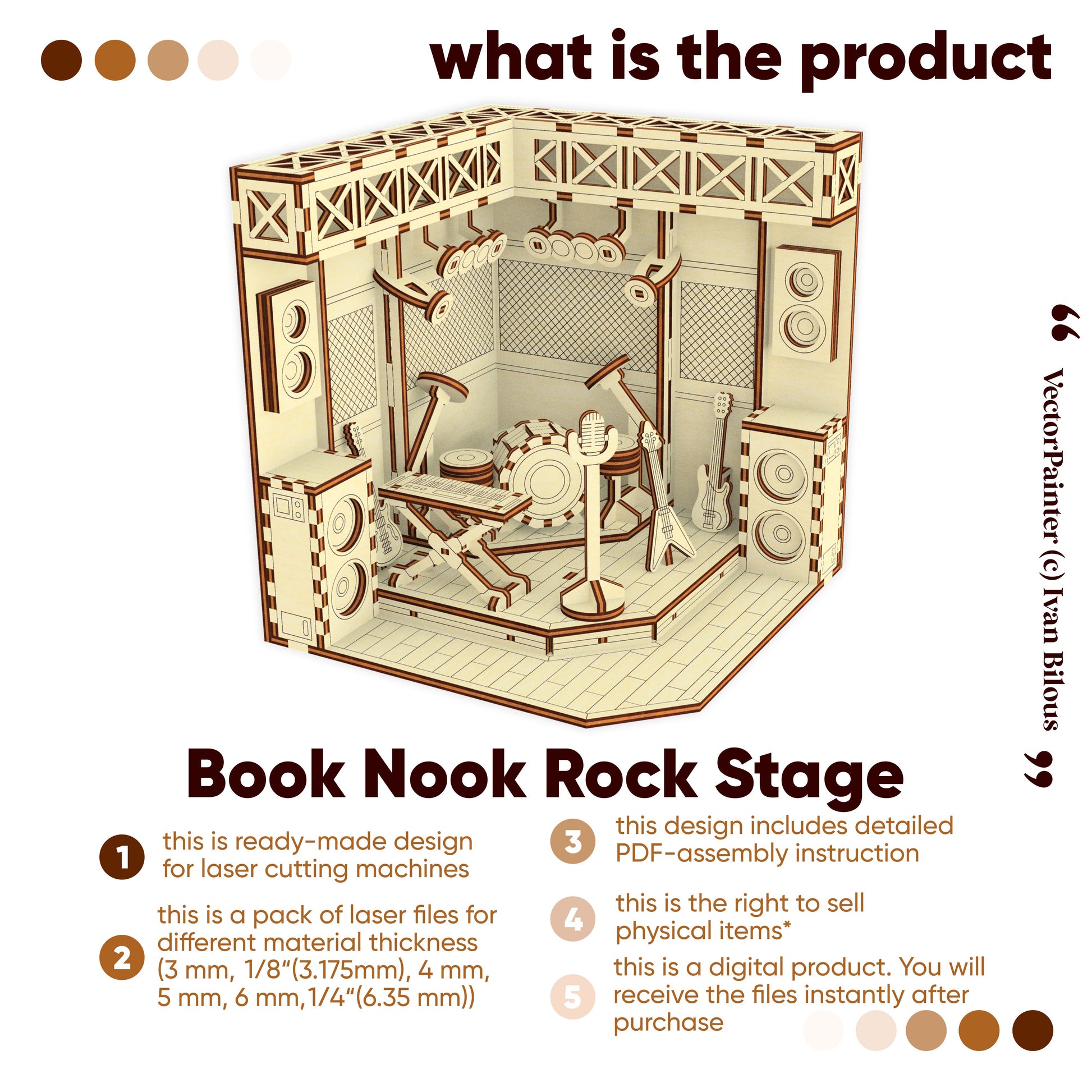 Book Nook Rock Stage laser cutting machine design with text on a white background