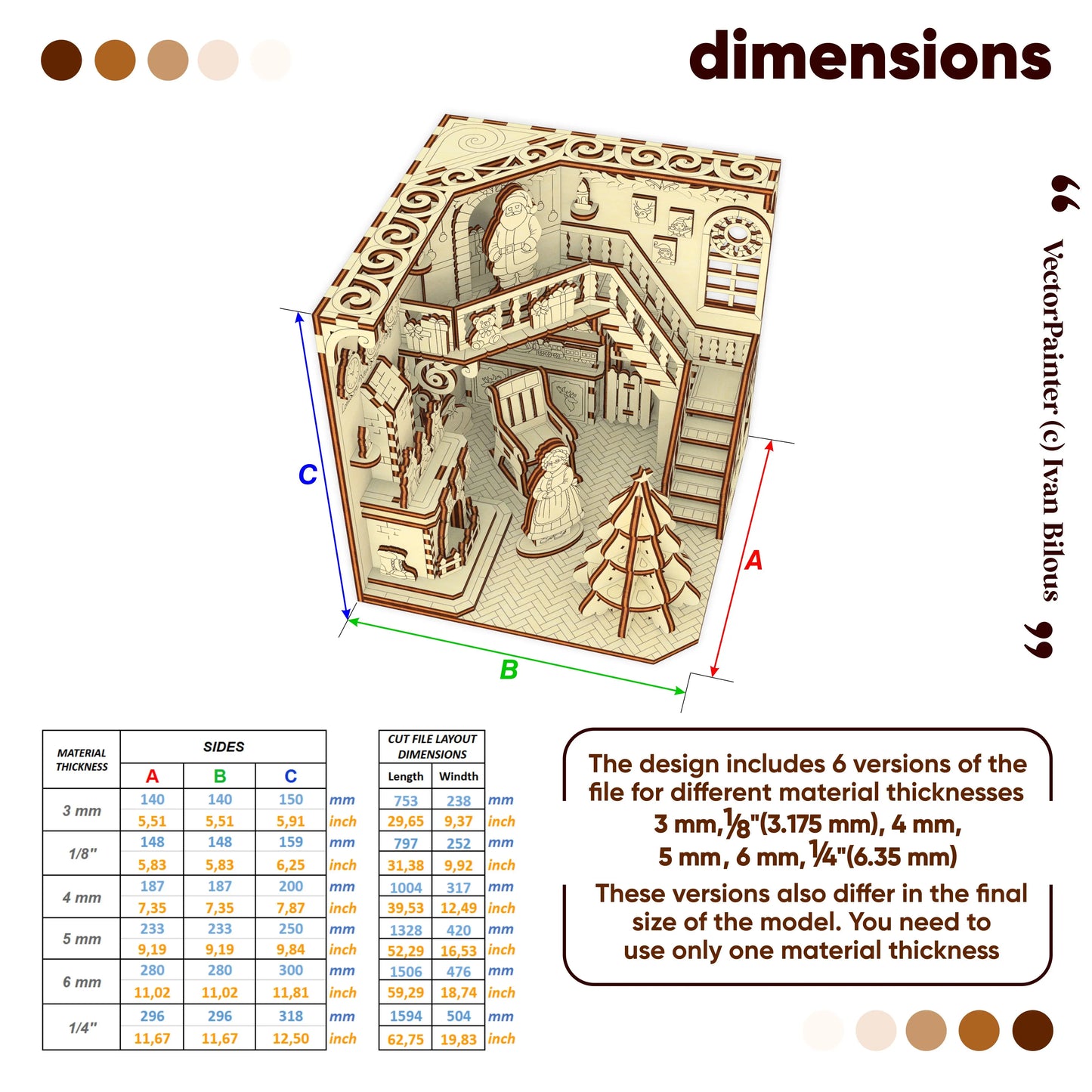 Wooden model kit with dimensions and material thickness options on a white background