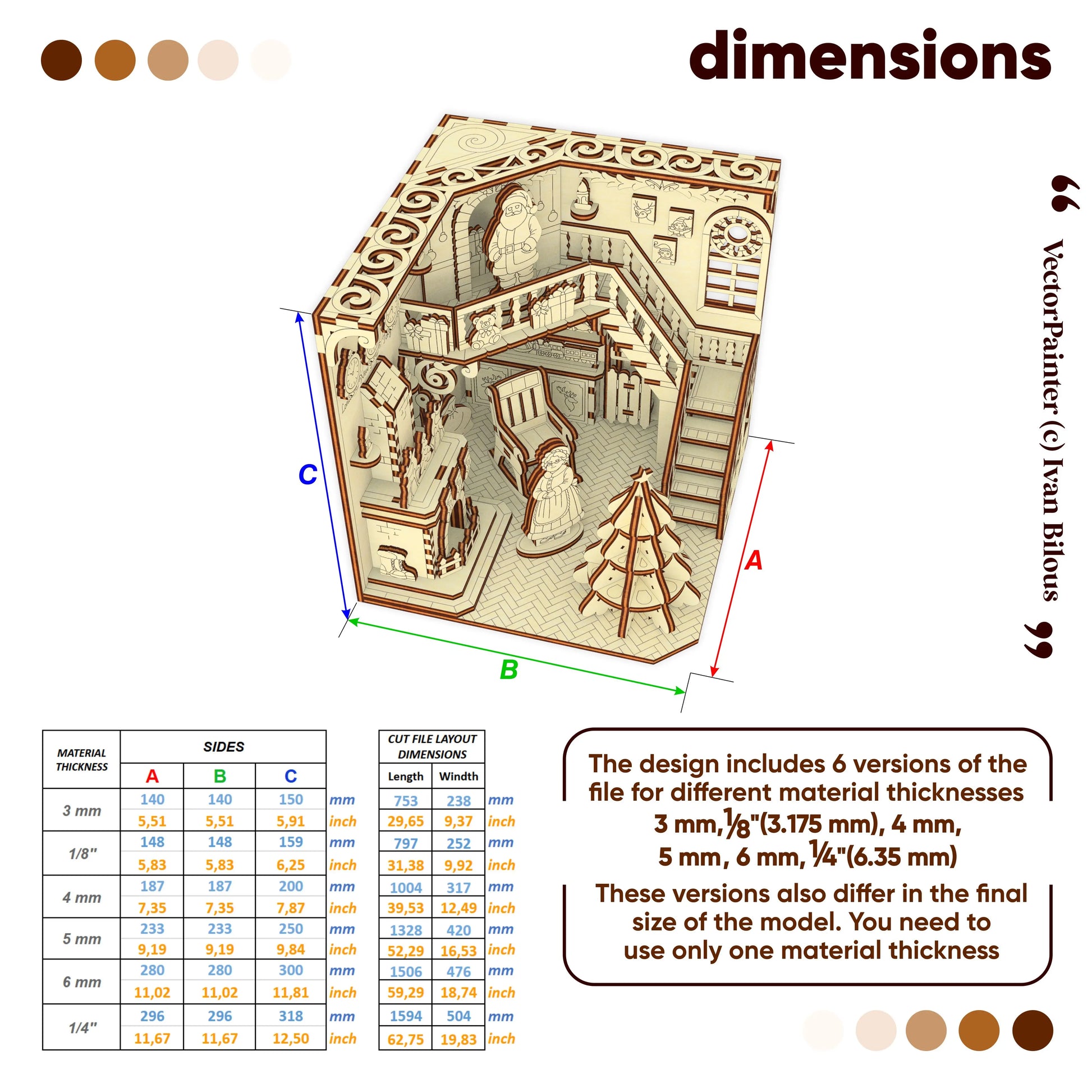 Wooden model kit with dimensions and material thickness options on a white background