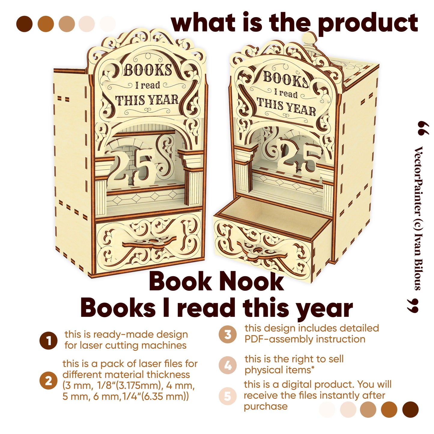 Laser cut book nook digital file overview showing a wooden Books I Read This Year design with features, material thickness options, and digital download information.