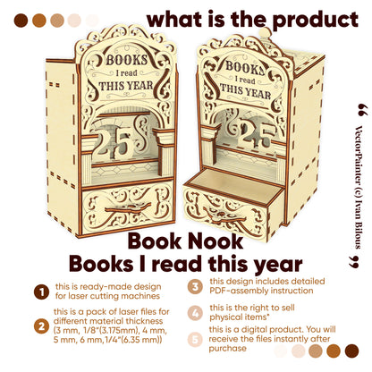 Laser cut book nook digital file overview showing a wooden Books I Read This Year design with features, material thickness options, and digital download information.