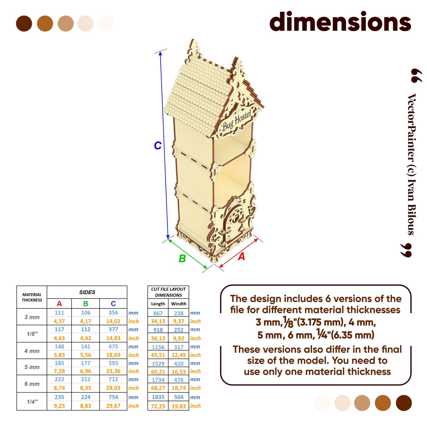 A dimensions diagram for a laser-cut plywood Bug Hostel model, showing sizes for six different material thicknesses
