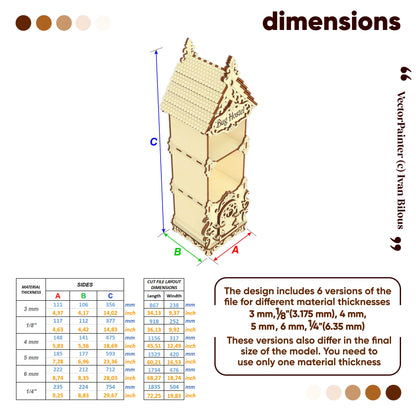 A dimensions diagram for a laser-cut plywood Bug Hostel model, showing sizes for six different material thicknesses