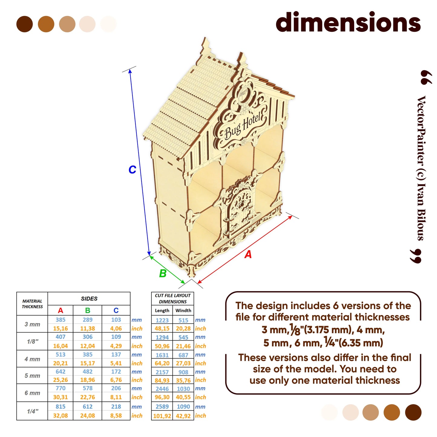 Dimensions chart for laser cut plywood bug hotel, showing material thickness options from 3mm to 6.35mm
