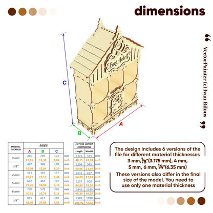 Dimensions chart for laser cut plywood bug hotel, showing material thickness options from 3mm to 6.35mm