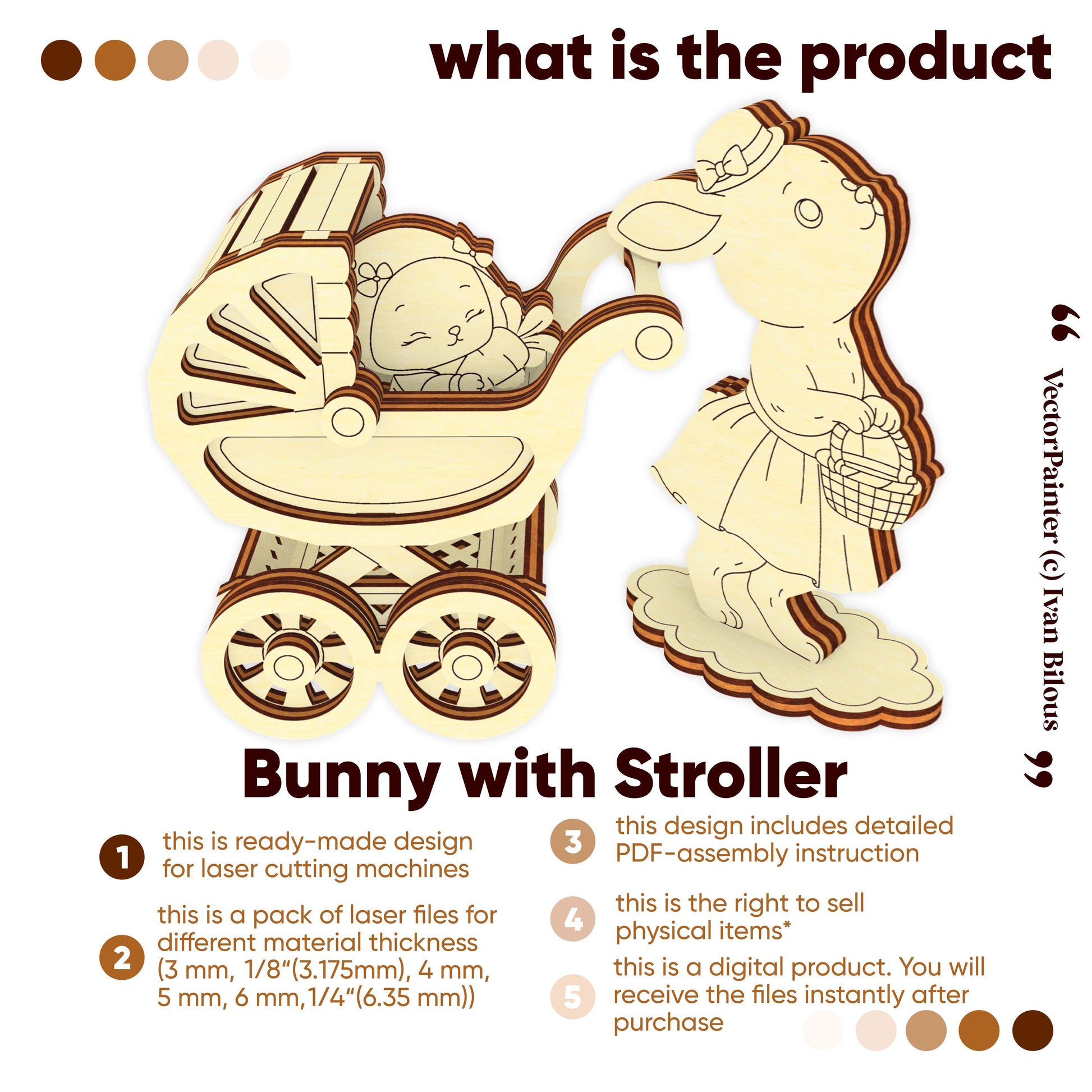 Illustration of a bunny with a stroller and text about laser cutting files.