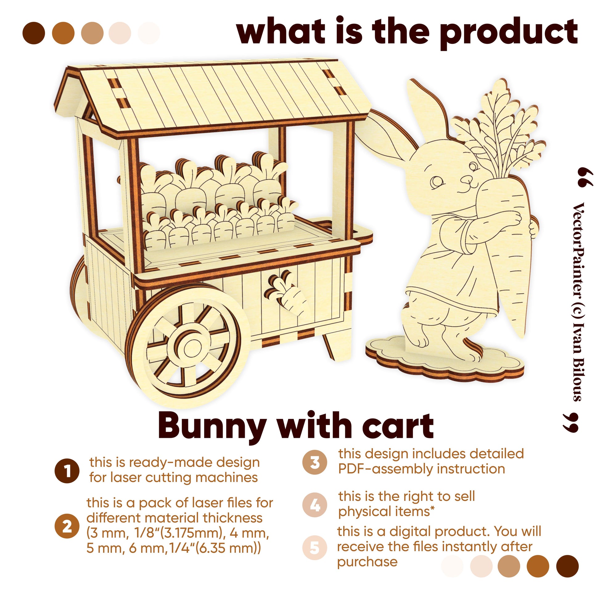 Wooden laser cut bunny with cart and carrot, laser cut design, suitable for cutting machines.