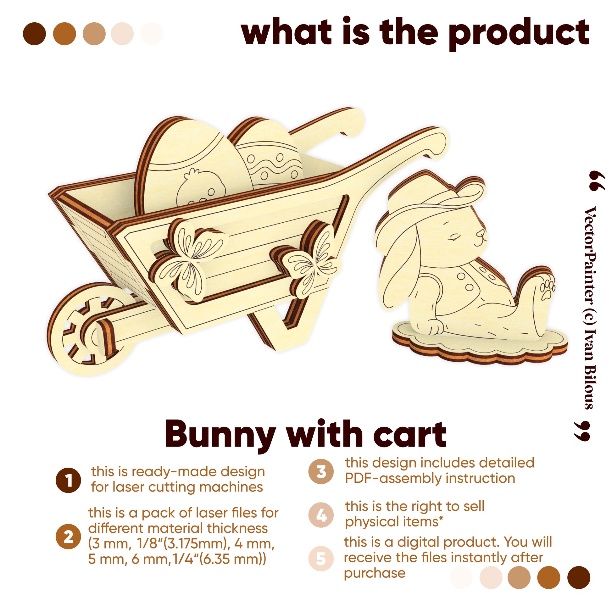 Wooden bunny with cart design for laser cutting machines on a white background